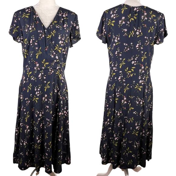 Ann Taylor Navy Blue Floral Midi Faux Wrap Dress 12T - Picture 1 of 14